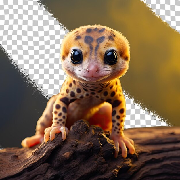 PSD leopard gecko baby resting on log transparent background