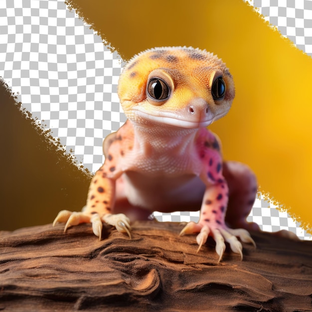 Leopard gecko baby resting on log transparent background