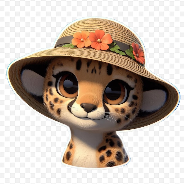 PSD a leopard head with a hat and a flower on it