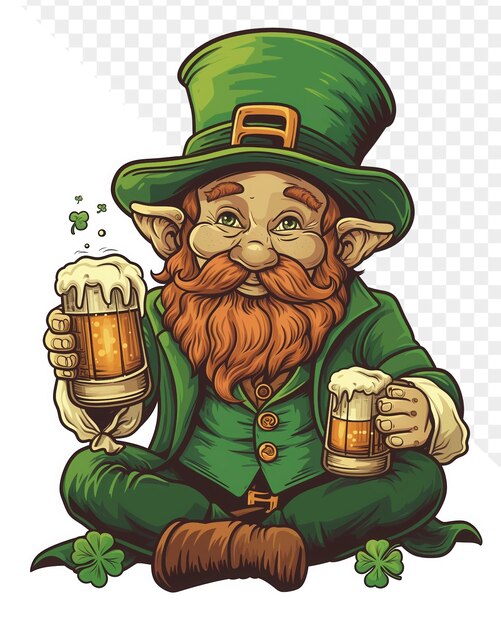 PSD a leprechaun sits with a mug of beer and a mug of beer