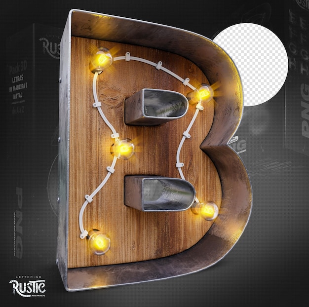 Letter B 3d in metal and wood with lights on