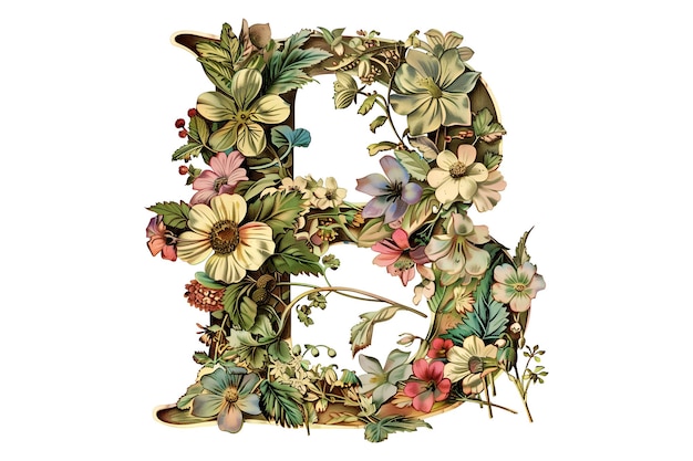 The letter B is decorated with flowers and leaves cut out illustration