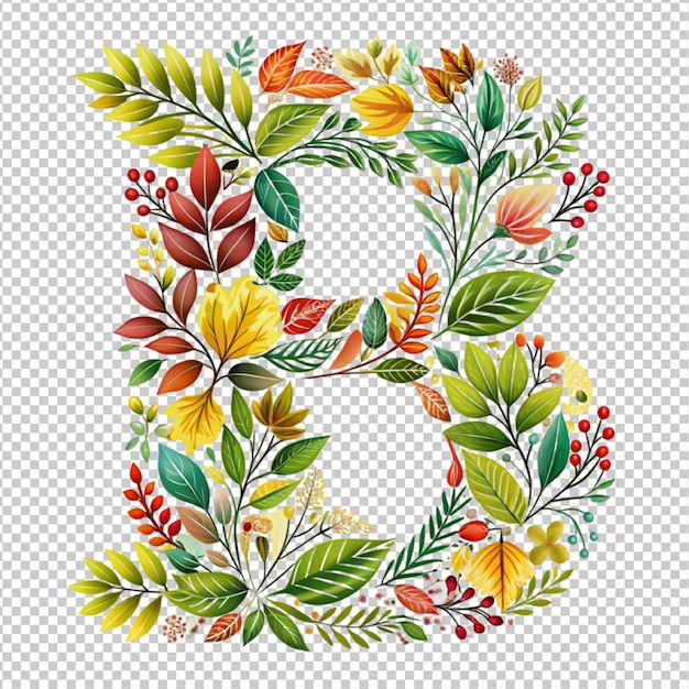 PSD letter b made of real natural flowers and leaves on transparent background