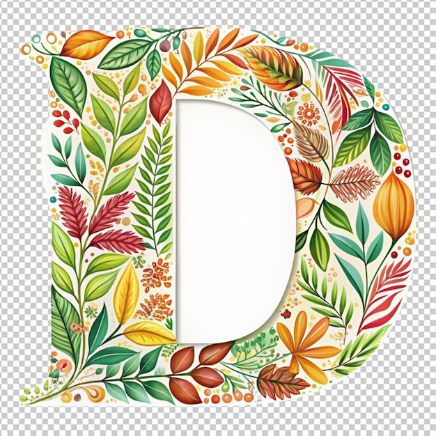 PSD letter d made of real natural flowers and leaves on transparent background