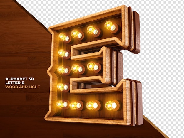 Letter E 3d render wood with realistic lights