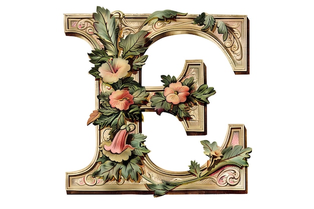 PSD the letter e is decorated with flowers and leaves cut out illustration