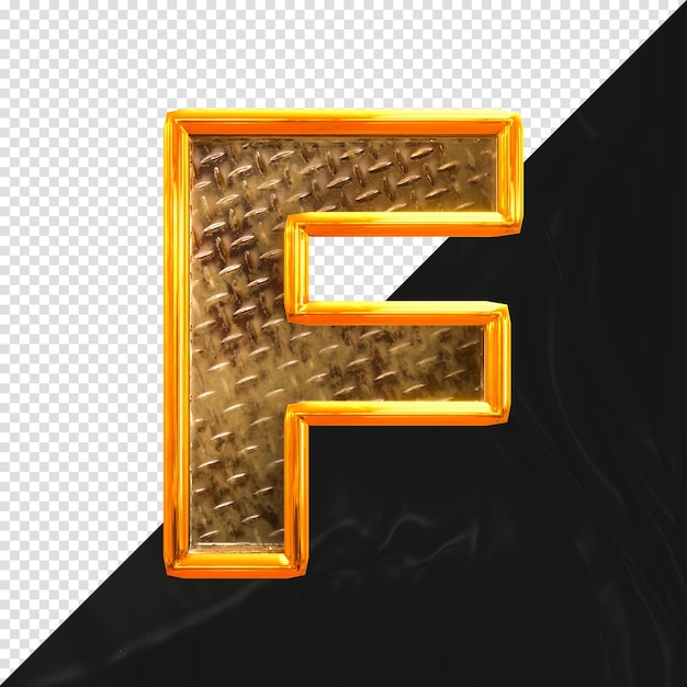 Letter F 3d render with realistic metallic texture