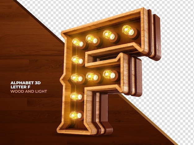 Letter F 3d render wood with realistic lights