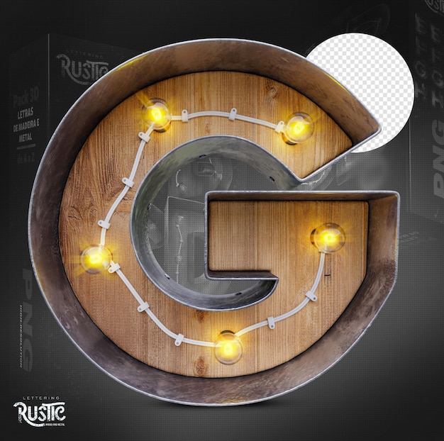 Letter G 3d in metal and wood with lights on