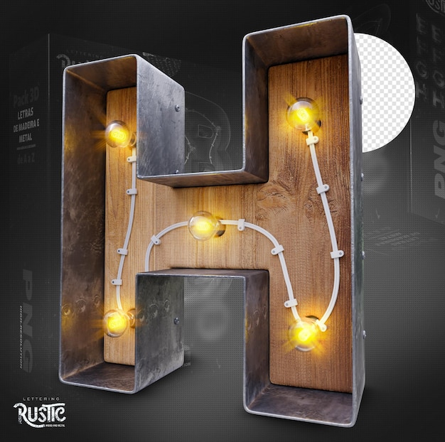 Letter H 3d in metal and wood with lights on