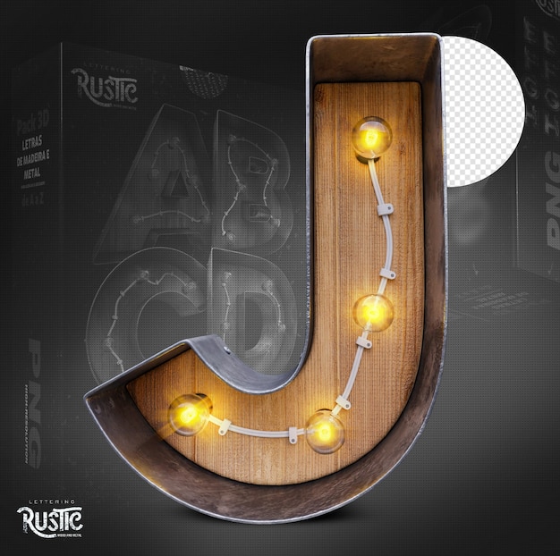 Letter J 3d in metal and wood with lights on