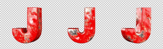 Letter J from Red scratched metallic letters alphabet collection set. Isolated. 3D Rendering