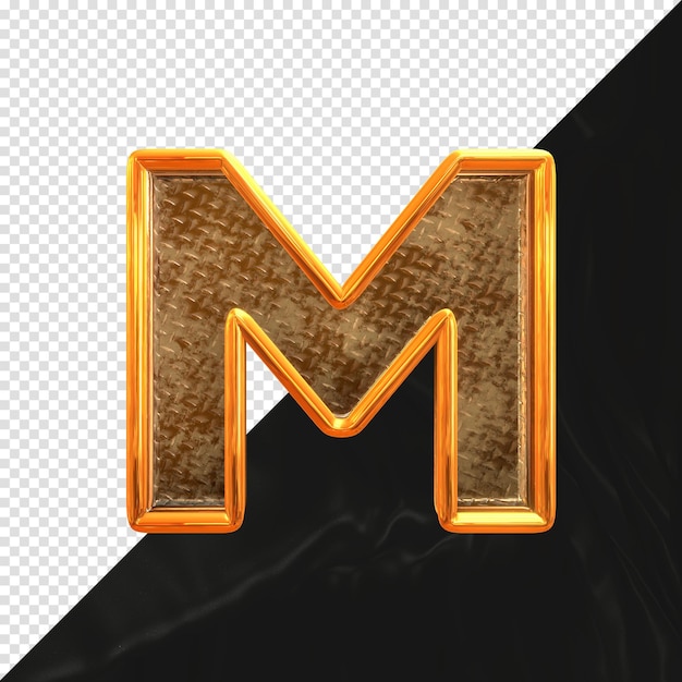 Letter M 3d render with realistic metallic texture side view