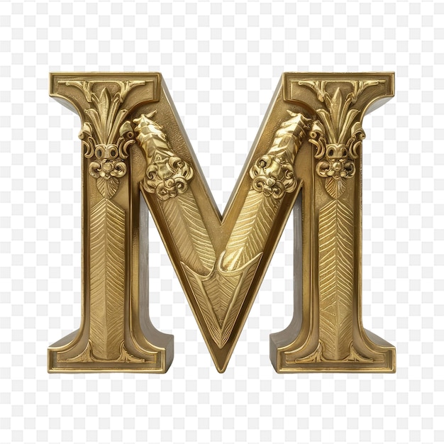 the letter m is engraved in gold with a pattern of flowers