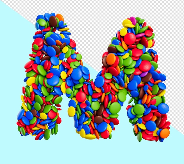 PSD letter m of multicolored rainbow candies festive isolated background 3d illustration