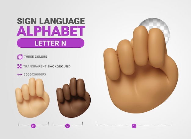 Letter N in american language sign alphabet 3d render cartoon