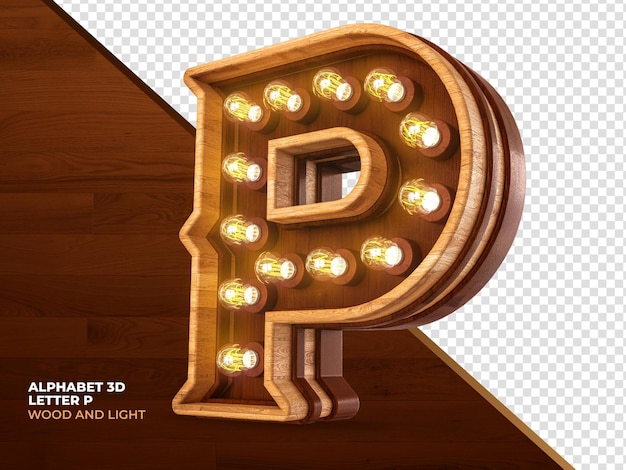 Letter P 3d render wood with realistic lights