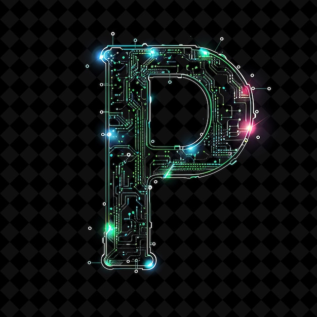 Letter P Decorated With Neon Illuminated Accents and Circuit Neon Color Y2K Shape Art Collection