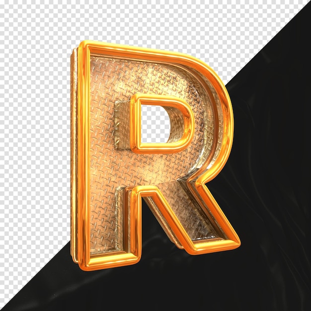 Letter R 3d render with realistic metallic texture side view