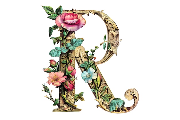 PSD the letter r is decorated with flowers and leaves cut out illustration