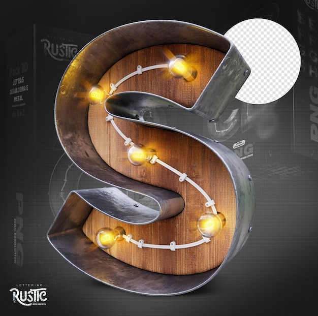 Letter S 3d in metal and wood with lights on