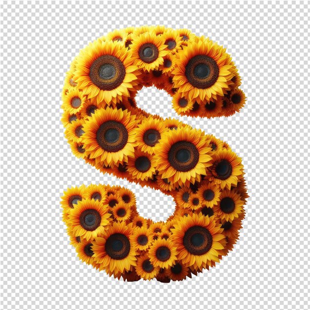 a letter s made from sunflowers sits on a transparent background