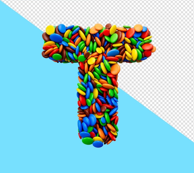 Letter T of multicolored rainbow candies Festive isolated 3d illustration