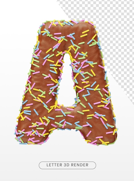 Letter A with chocolate texture and colorful sprinkles on transparent background in 3d render