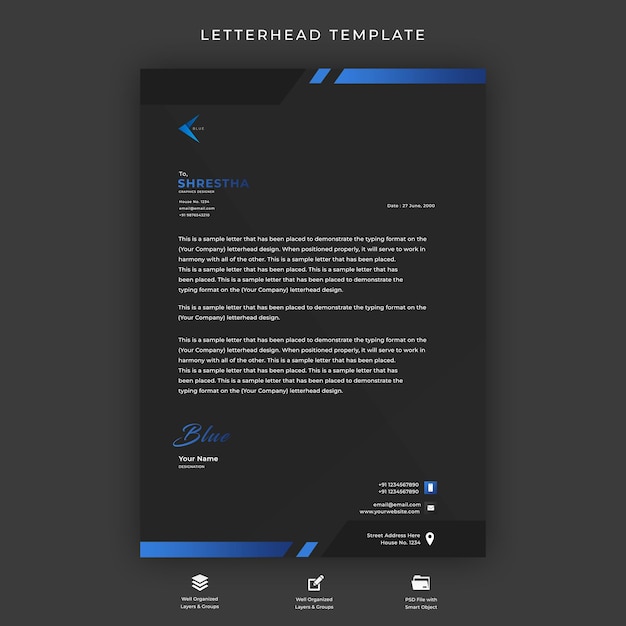 Letterhead template with dark and blue color Premium Psd