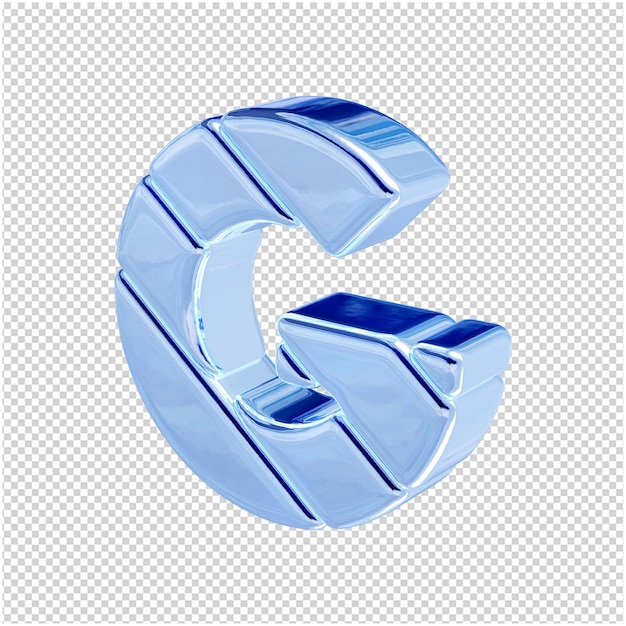 The letters are made of blue ice, turned to the left. 3d letter g