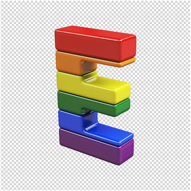 The letters from the colors of the LGBT flag are turned to the left. 3d letter e