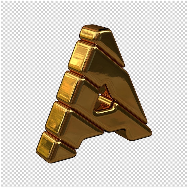 PSD letters made of gold bars turned to the right on a transparent background. 3d capital letter a