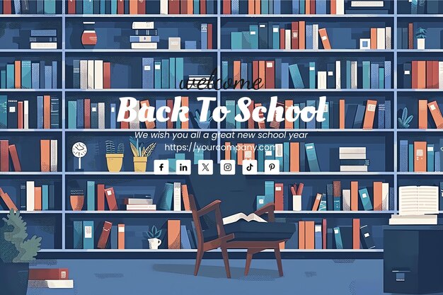 PSD library bookshelves greeting card for back to schoold day