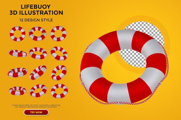 Lifebuoy 3d render collection for summer with red and white color