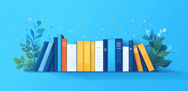 PSD light blue background with books and data points simple vector illustration