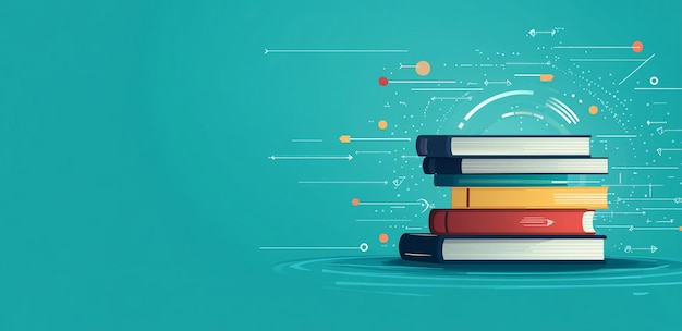 PSD light blue background with books and data points simple vector illustration