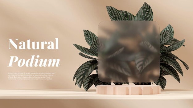 Light brown color podium in landscape with pink stripe calathea and glass 3d rendering mockup