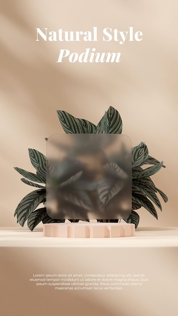 Light brown color podium in portrait with pink stripe calathea and glass 3d rendering mockup