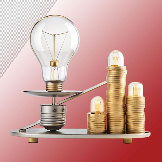 PSD light bulb with stack of coins a scale mockup isolated on transparent background