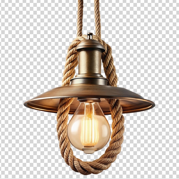 A light fixture with a rope and a light bulb on transparent background