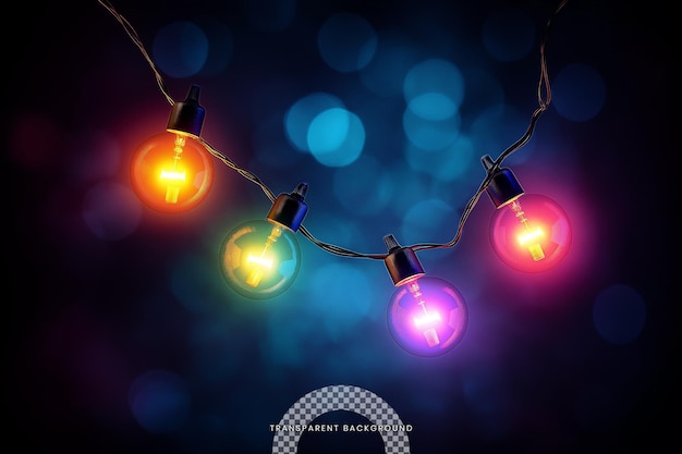 Light string with colorful light bulbs on Transparent background