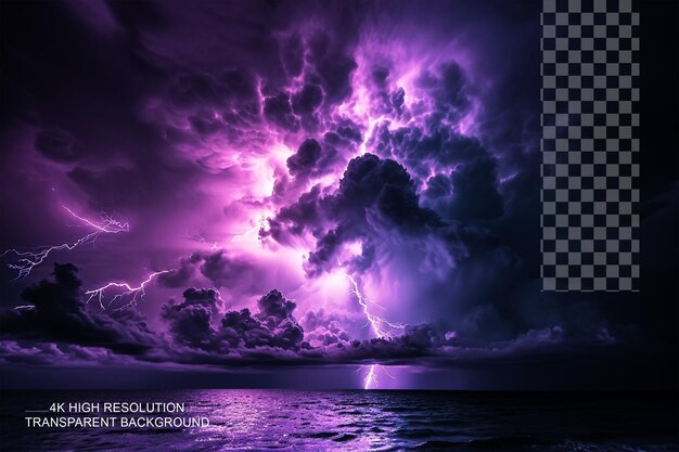 PSD lightning in dark cloudy sky during thunderstorm natural scene on transparent background