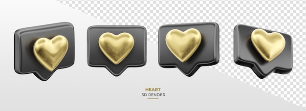 Like heart black and gold in 3d render in different perspectives with transparent background