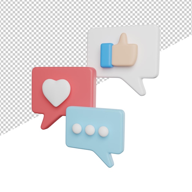 Like Love Comment side view 3d rendering icon illustration on transparent background