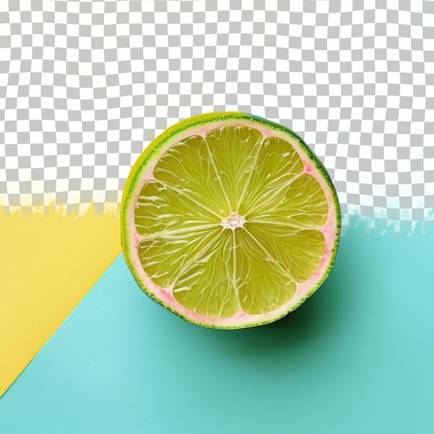 a lime cut in half sits on a blue and yellow background