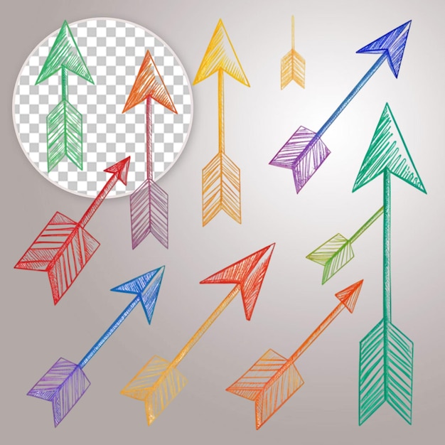 Line icon collection of hand drawn colorful arrows on transparent background