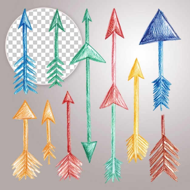 Line icon collection of hand drawn colorful arrows on transparent background