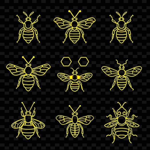 Lines of Bee Icons With Pulsating Glow and Pixelated Style Set PNG Iconic Y2K Shape Art DecorativeI