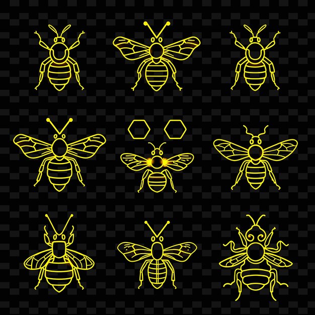 PSD lines of bee icons with pulsating glow and pixelated style set png iconic y2k shape art decorativei