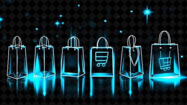 Lines of Shopping Bag Icons With Shimmering Luminescence in Creative Set Neon Color Y2K Collection